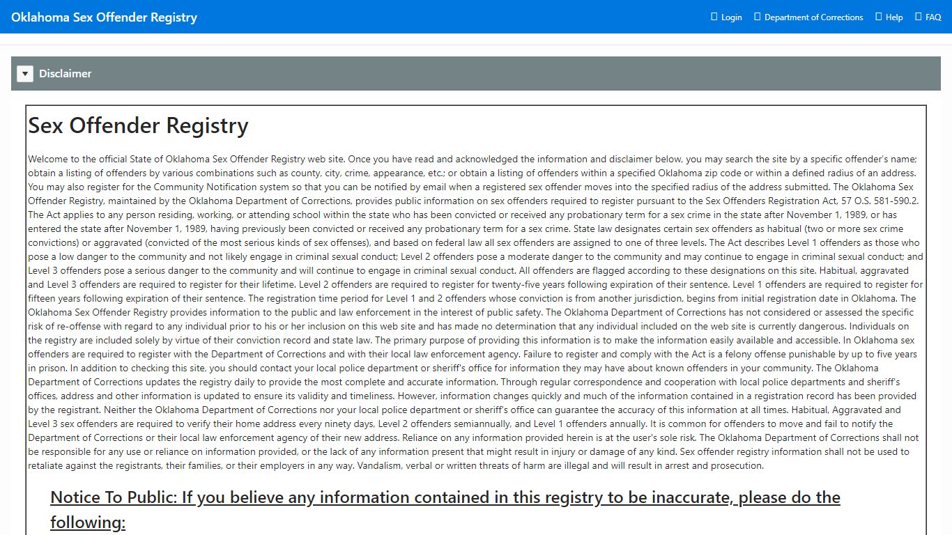 P1 Disclaimer - Sex Offender Registry